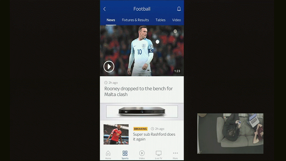 An animation of a user in a research session scrolling on the Sky Sports mobile app