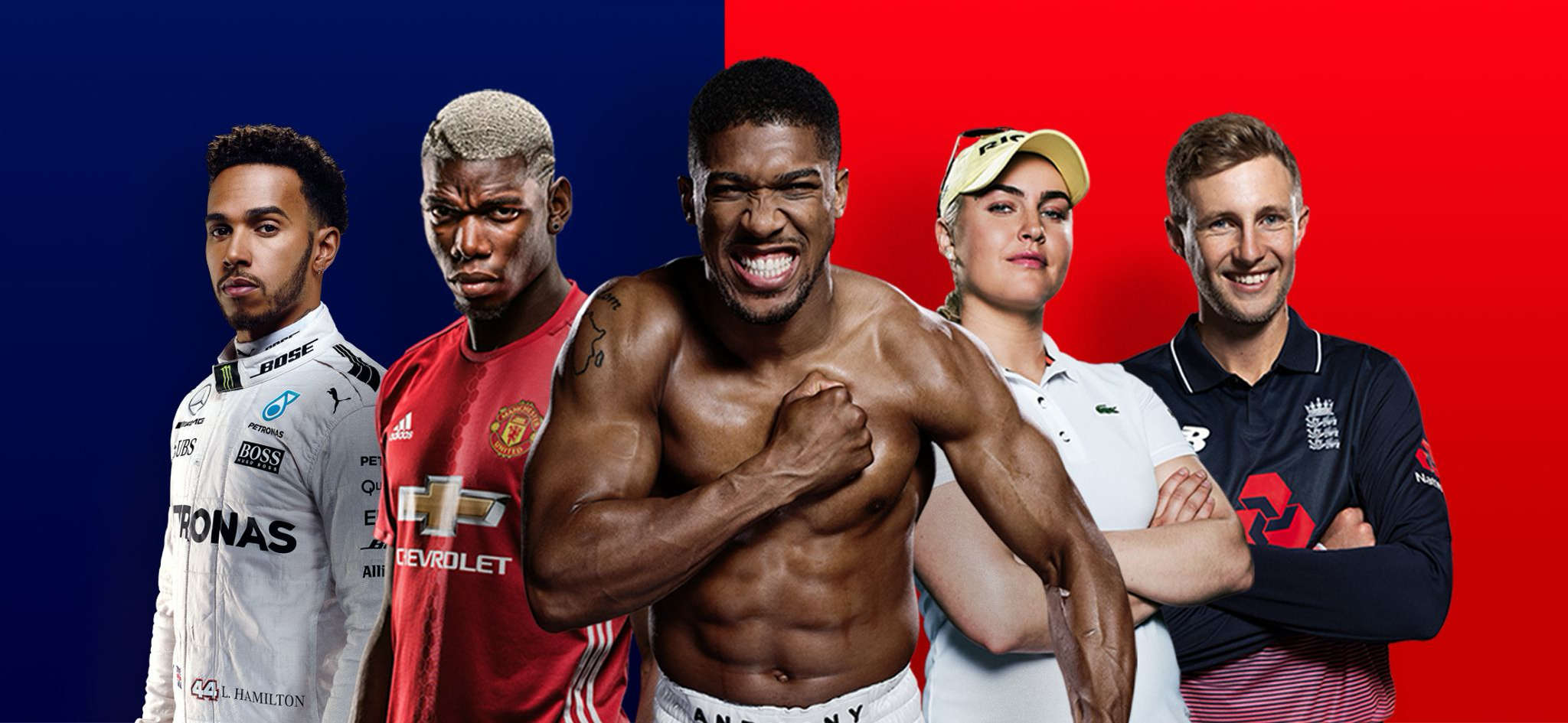 A row of 5 Sky sponsored sportspeople superimposed on the Sky Sports red and blue background
