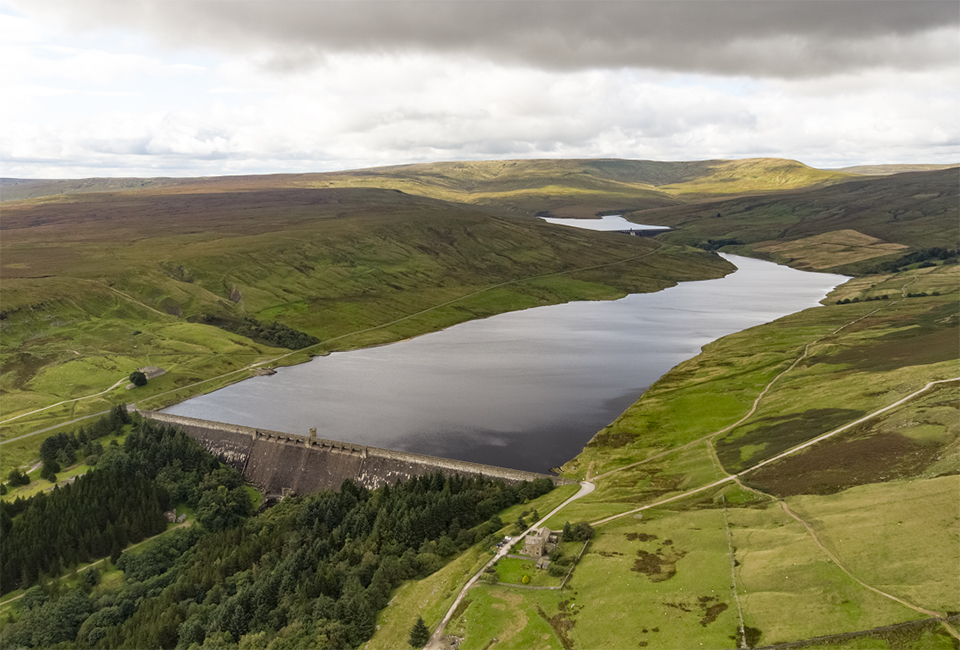 An aerial photograph of Scar House reservoir in North Yorkshire