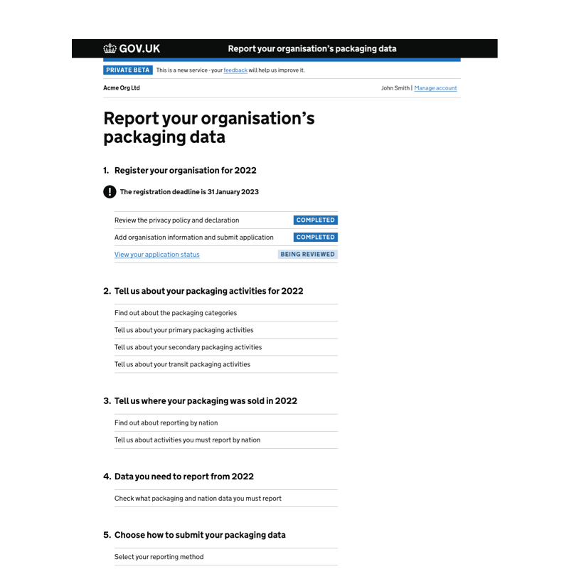 A screenshot of a GOV.UK task list titled 'Report your organisation's packaging data'