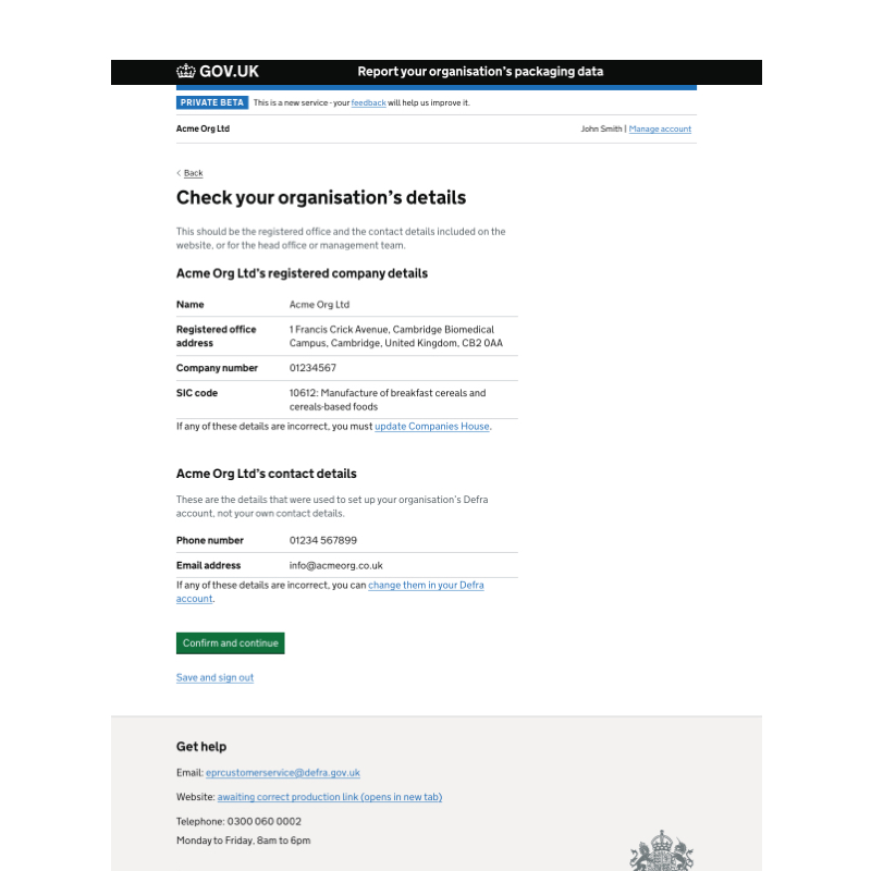 A screenshot of a GOV.UK check your answers page titled 'Check your organisation's details'