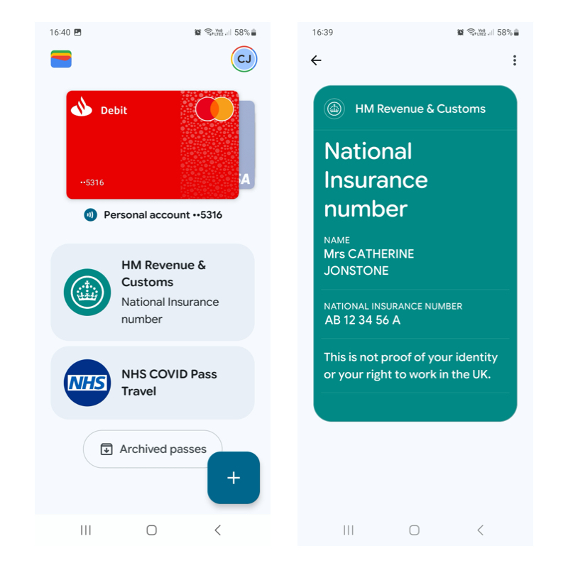 Two screenshots showing a green NINO card amongst other bank cards and then open with a person's example name and NINO displayed