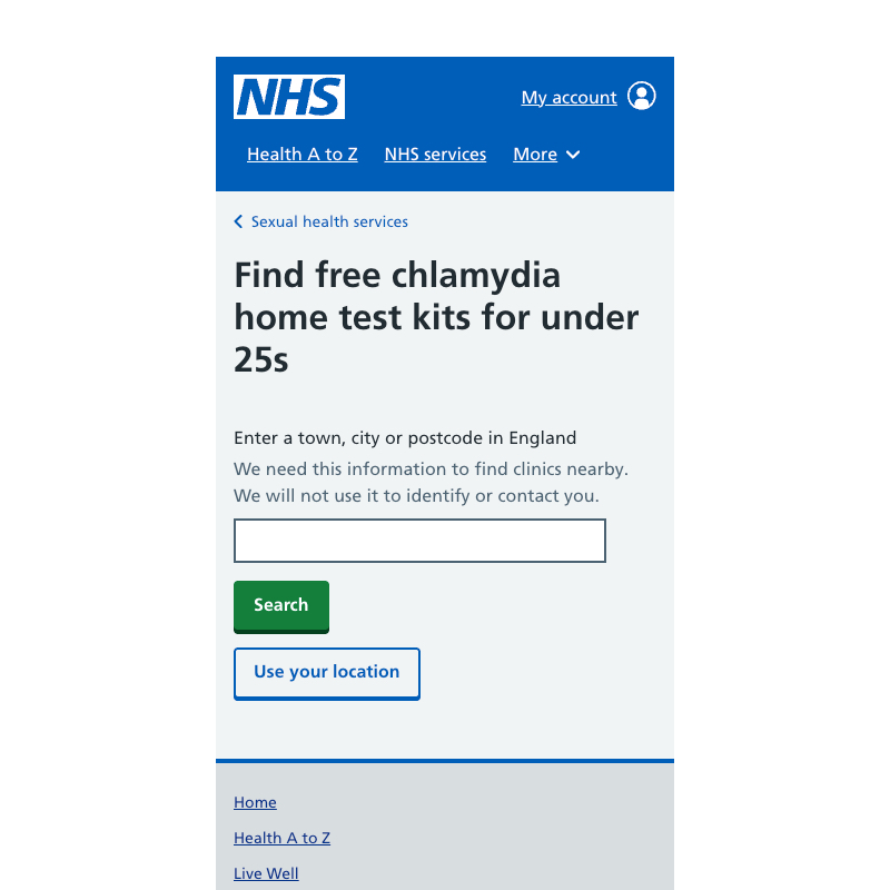 A screenshot of an NHS web page titled 'Find free chlamydia home test kits for under 25s'