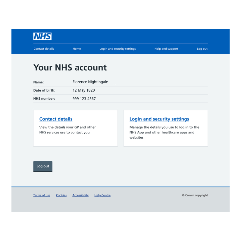 A screenshot of an NHS web page with the cards 'Contact details' and 'Login and security settings'