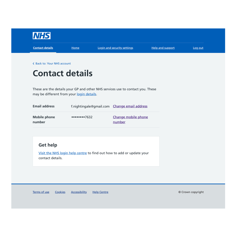 A screenshot of an NHS web page with a user's email and mobile number with change links next to them