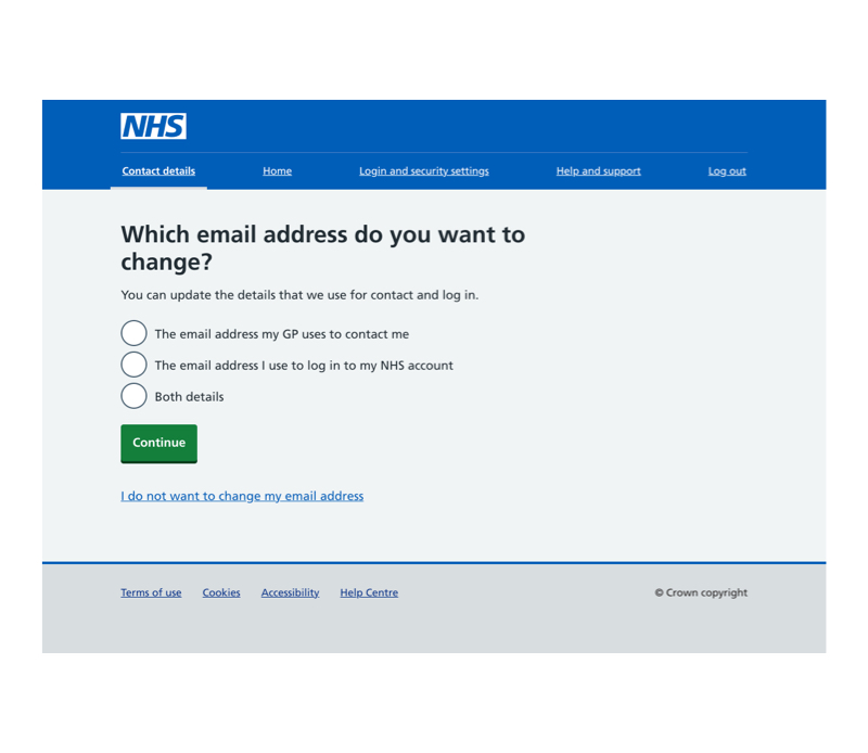 A screenshot of an NHS web page with a question 'Which email address do you want to change?'