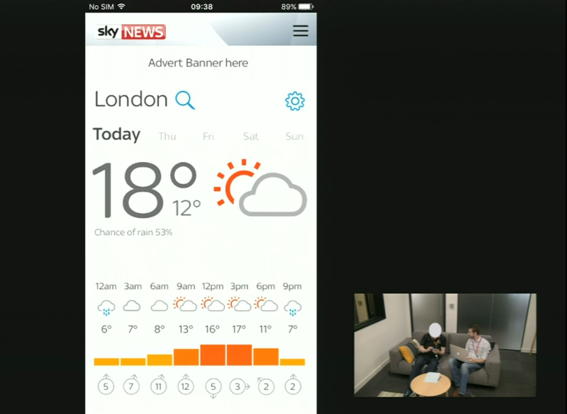 A screenshot of a weather forecast web page for London with a photo from a user research session superimposed