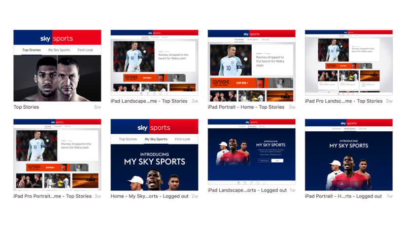 8 mockups showing a Sky Sports app homepage on mobile, tablet and desktop devices