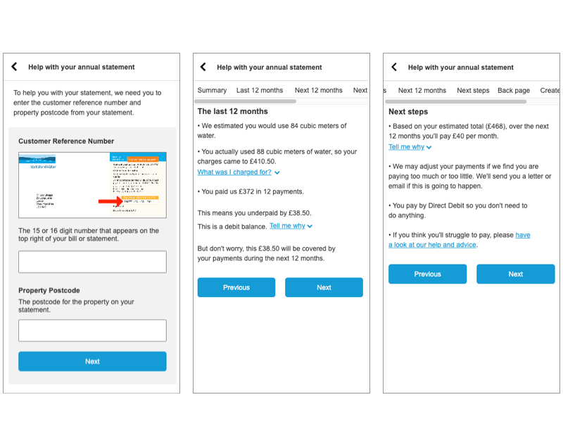 3 wireframe pages showing an explanation of a user's water bill